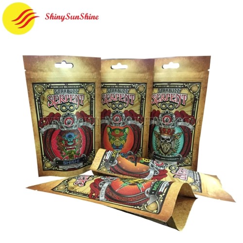 Custom resealable tobacco stand up zipper Kraft paper laminated bags.
