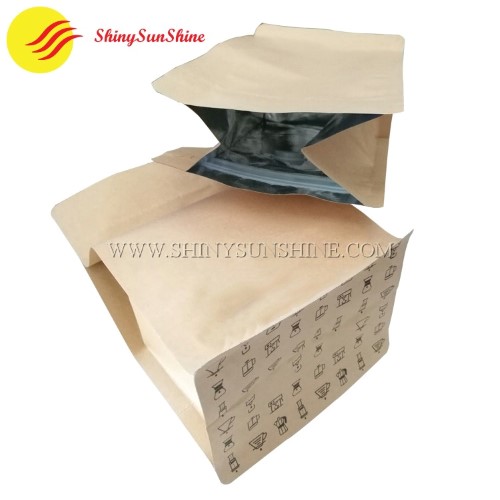 Custom printable square bottom Kraft paper foil packaging bags with zip lock and valve.