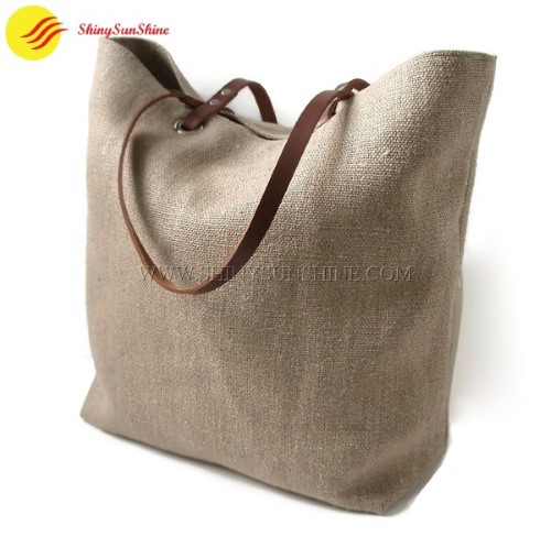 Jute tote bag deals with leather handles