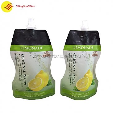 Custom special shape standing spouted nozzle juice pouches fruit drink packaging bags.