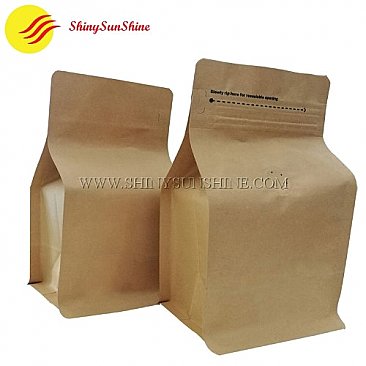 Custom printable square bottom Kraft paper foil packaging bags with zip lock and valve.